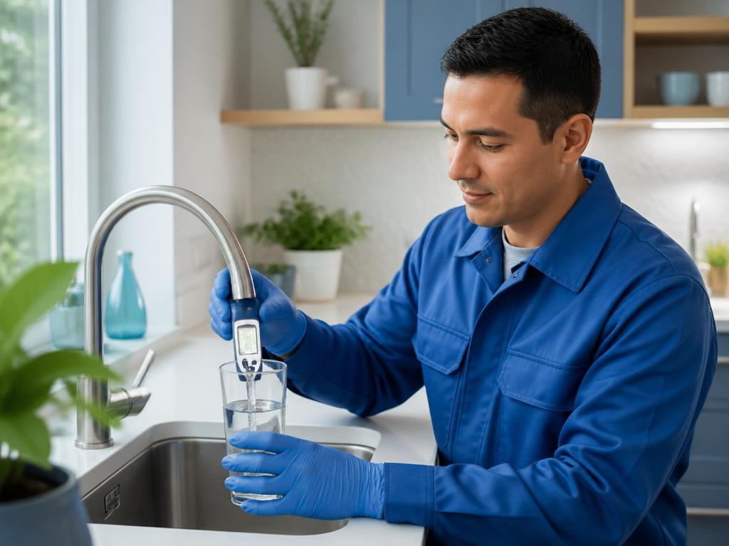 Water treatment professional testing water quality in a home